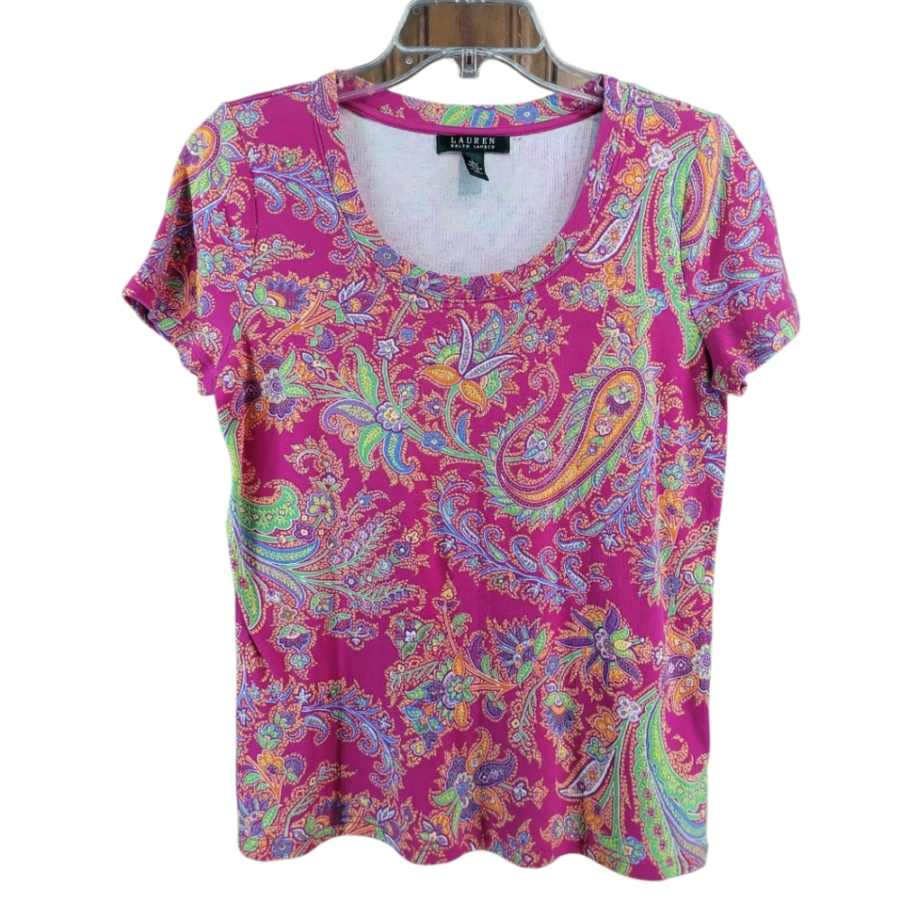 Lauren RL t-shirt hot pink floral cotton knit Large short sleeve casual office